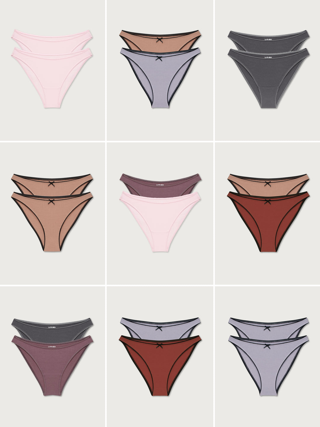 Grid of women's underwear in various colors on a light gray background