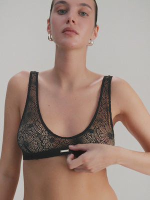 Person wearing a black lace lingerie set on a neutral background