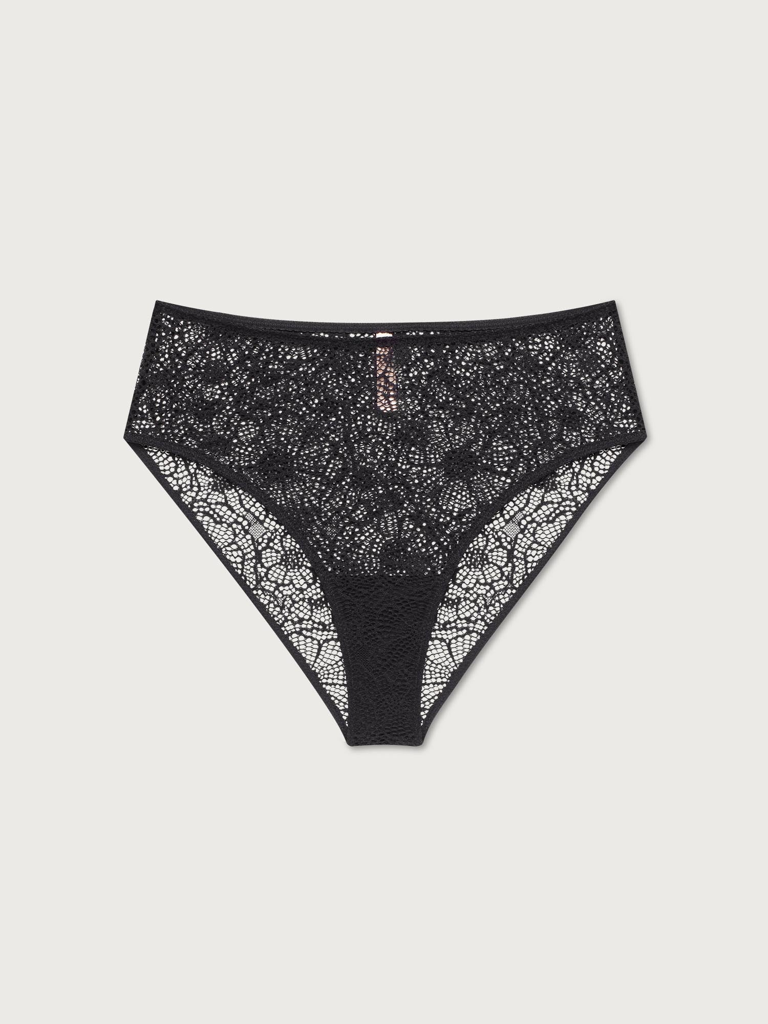 Black lace high waist briefs on a light gray background